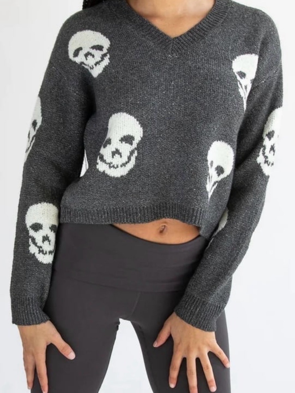 Charcoal Skull Pattern V-Neck Sweater